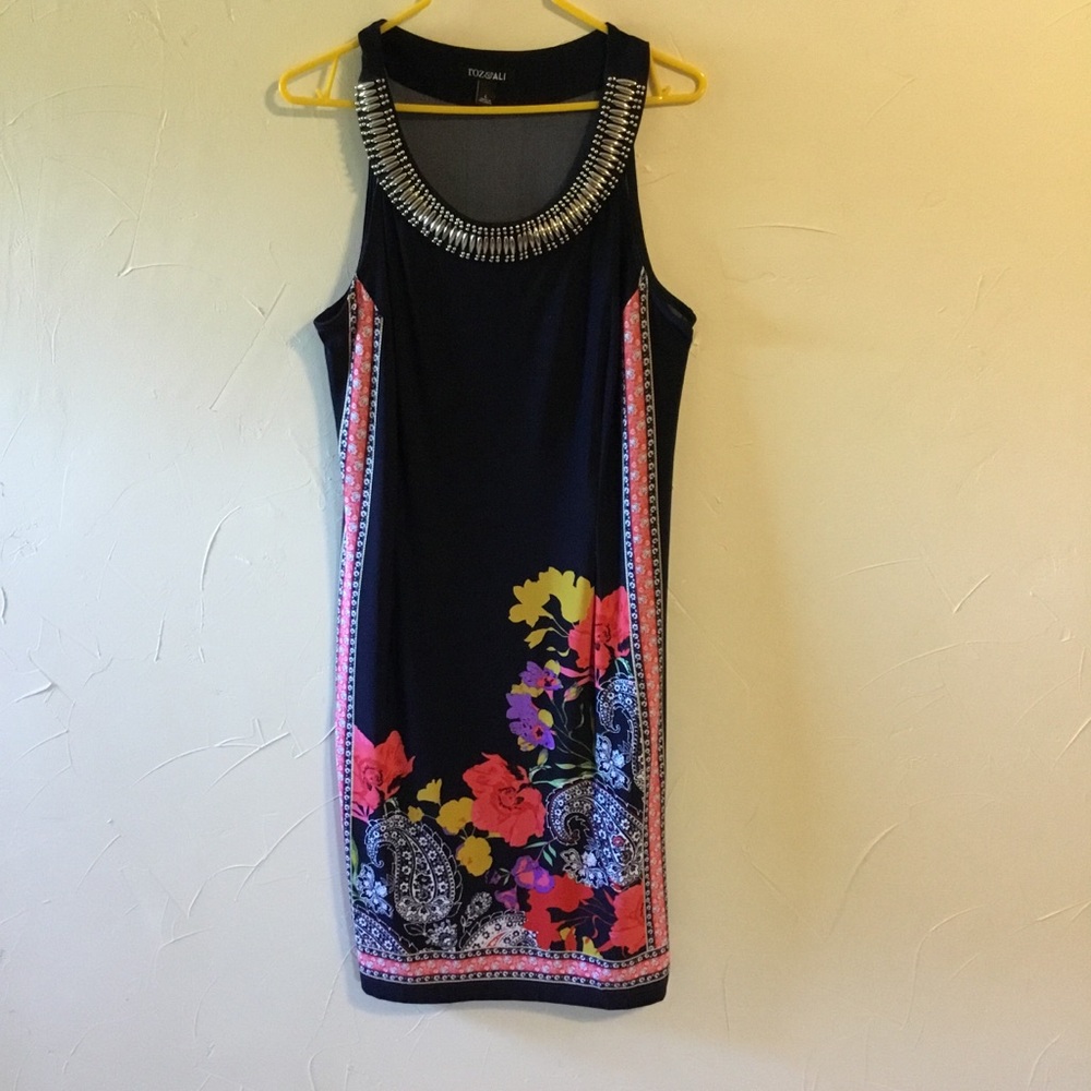 Silver Beaded Neckline Dress Navy Floral Sheath Knit Large